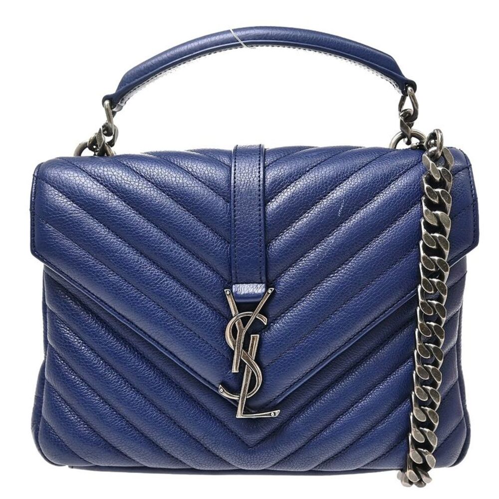 Saint Laurent Classic Monogram College Matelasse Chevron Leather Blue Leather